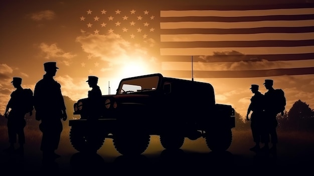 Kompozycja sylwetki pozdrawiającego żołnierza na tle zachodzącego słońca nieba z falującą amerykańską flagą wygenerowaną przez sztuczną inteligencję