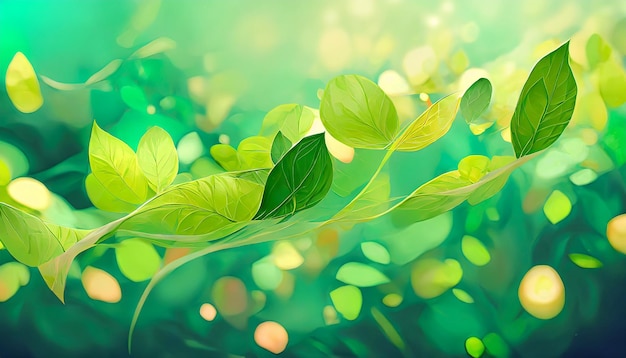 Kompozycja sztuki cyfrowej przedstawiająca kapryś świeżych zielonych liści pływających na wietrze