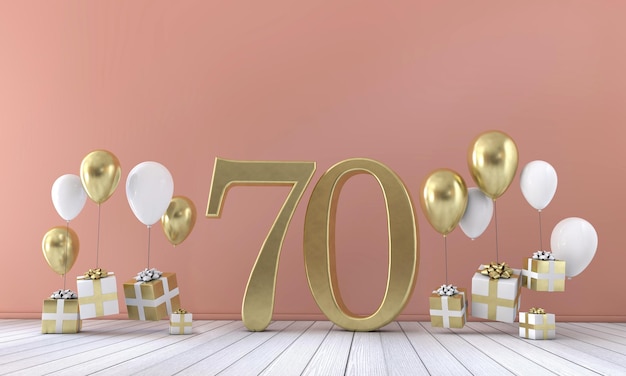Kompozycja urodzinowa numer 70 z balonami i pudełkami na prezenty Renderowanie 3D