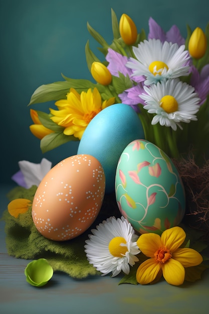 Kompozycja wielkanocna z kolorowymi jajami i kwiatami na tle żółwia Generative AI