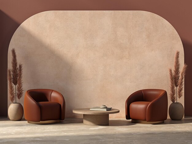 Zdjęcie kompozycja wnętrza z fotelami, pomarańczową ścianą, betonową podłogą i dekoracją
