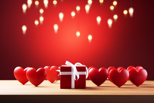 Kompozycja z czerwonym pudełkiem podarunkowym związanym wstążką otoczonym kilkoma 3D czerwonymi sercami na czerwonym tle Koncepcja miłości, uczuć i podziwu
