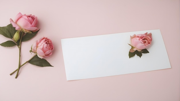 Zdjęcie kompozycja z delikatnymi różowymi kwiatami i pustym papierem na pastelowo różowym tle