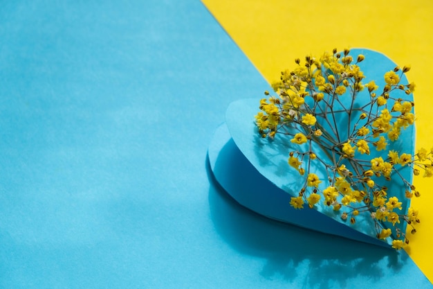 Kompozycja z kwiatów i kolorowego tła papieru w żółtych niebieskich kolorach ukraińskich z miejsca na kopię