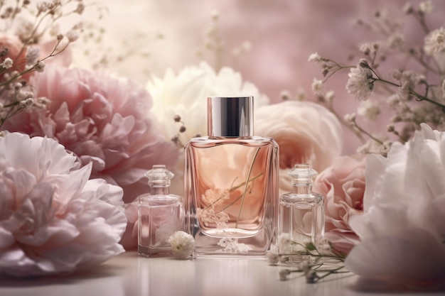 Kompozycja z perfumami i kwiatami Butelki perfumy kwiaty i liście na jasnym tle Perfumeria kosmetyki kolekcja zapachów wody toaletowej Ilustracja AI generatywna