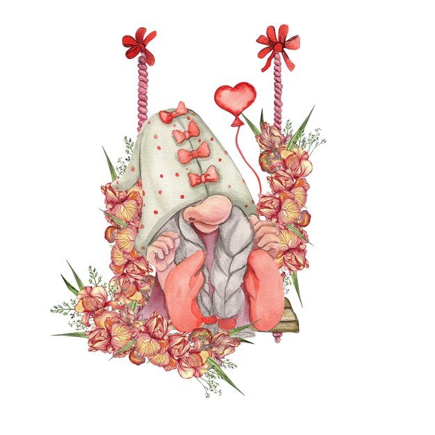 Kompozycja z Valentines Nordic gnomes Skandynawskie gnomes i kwiaty