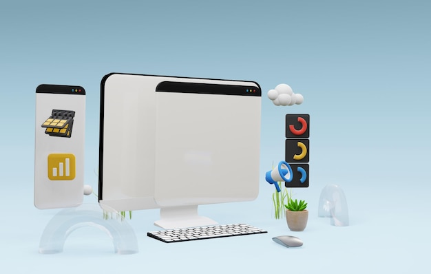 Komputer 3D z analizą danych web seo ai i białym ekranem