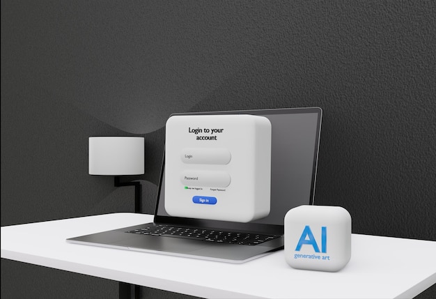 Komputer Desktop Laptop Strona internetowa Login AI Generatywny interfejs użytkownika UX Eleganckie czarne tło