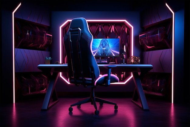 komputer do gier komputerowych na grach w ciemnym pokoju z neonowymi światłami