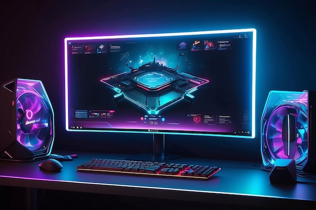 Komputer do gier w pokoju dla graczy wideo z neonowymi światłami Monitor do gier na komputerze z interfejsem do gier komputerowych