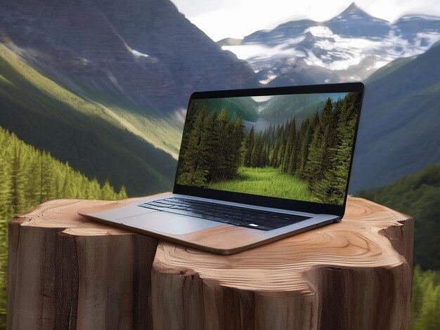 Komputer górski natura laptop technologia na świeżym powietrzu krajobraz drewno materiał las