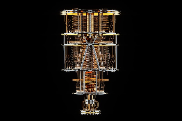 Komputer kwantowy na czarnym tle Złoty bieg obliczeń kwantowych Kryptografia kwantowa steampunk Q bity równoległe obliczenia Ilustracja 3D Renderowanie 3D