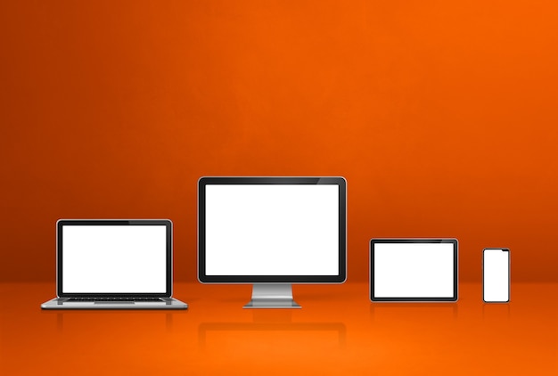 Komputer, laptop, telefon komórkowy i cyfrowy Tablet PC - pomarańczowe tło biurko. Ilustracja 3D