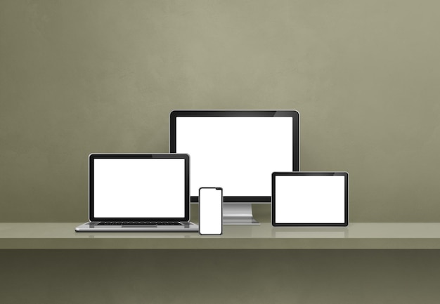 Komputer, laptop, telefon komórkowy i cyfrowy tablet pc - zielony baner półki ściennej. Ilustracja 3D