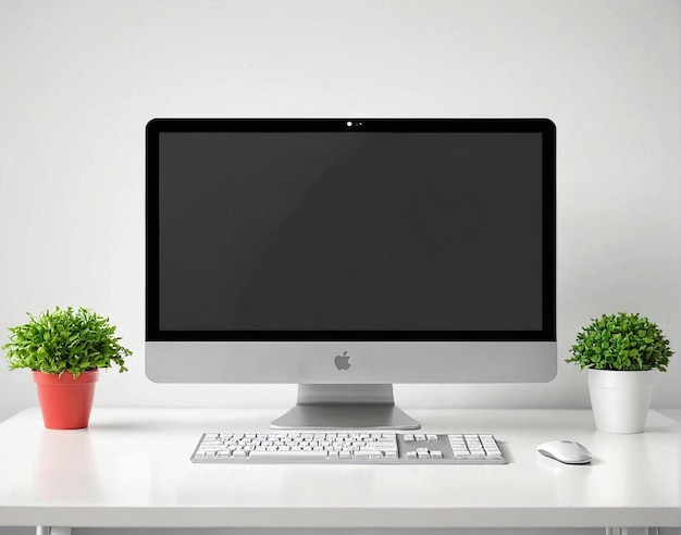 komputer na biurku z rośliną w rogu
