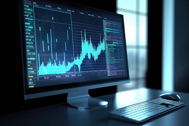 Komputer stacjonarny na biurku w biurze. Ekran monitora pokazuje dane dotyczące rozwoju firmy za pomocą interfejsu oprogramowania do wykresów finansowych Gharts Trading Charts