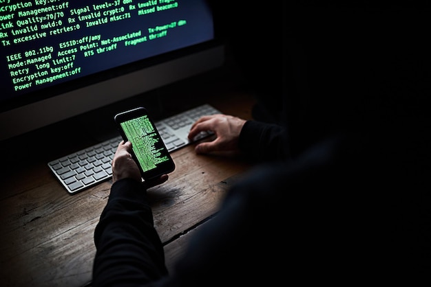 Komputer, telefon komórkowy i ręce do kodowania hakerów i oszustw lub fintech do bezpieczeństwa cybernetycznego Ciemne oprogramowanie i przestępczość online dla programistów danych osoba cyfrowa i złodziej w internecie z technologią