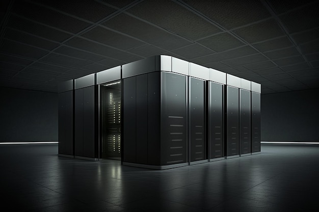 Komputer w data center Usługa cloud computing na dużej farmie serwerów Cyberbezpieczeństwo w nocy oświetlenie neonowe cyberprzestrzeń przechowywanie danych nowe technologie Generacyjna sztuczna inteligencja