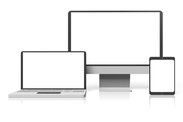 Komputerowy monitor laptop i pastylka z pustymi ekranami na białej tła 3D ilustraci