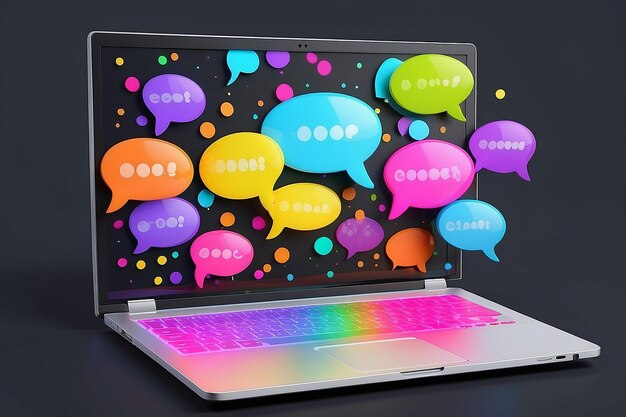 Zdjęcie komputerowy obraz laptopa z wieloma kolorowymi bańkami wiadomości