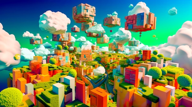 Komputerowy obraz miasta na niebie z wieloma chmurami Generatywna sztuczna inteligencja