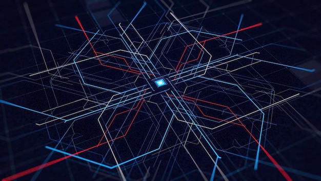 Komputerowy schemat poruszających się sieci animacji internetowej scentralizowany schemat z poruszającymi się liniami neonowymi