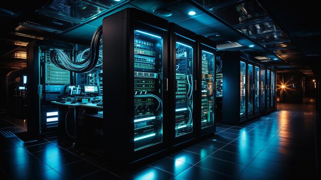 Komputery pokój jack cyborg centrum danych połączone rurociągi cybernetycznie wzmocnione teal