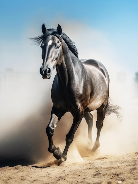 Koń biegający po unoszącym się wokół piasku piaskowym. Czarno-białe zdjęcie