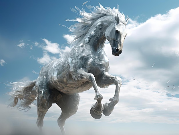 Koń biegnie przez chmurę kryształów w stylu fizycznego renderingu