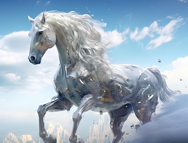 Koń biegnie przez chmurę kryształów w stylu fizycznego renderingu