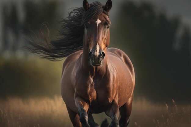 Koń biegnie przez pole, a słońce świeci mu na twarz.
