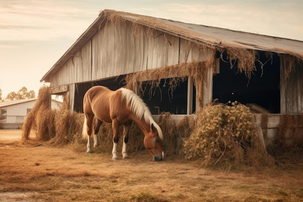 Zdjęcie koń jedzący siana w pobliżu wiejskiej stodoły