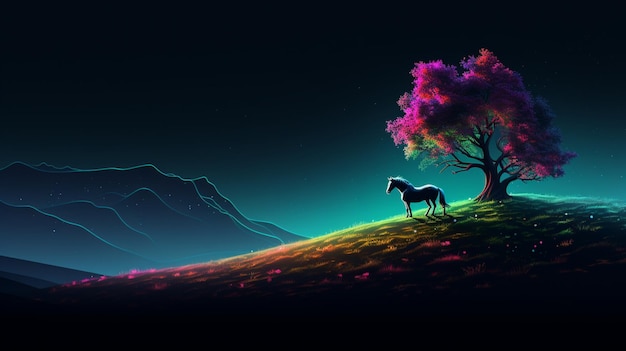 Koń Neonowe światło zwierzęce wzgórze obok drzewa AI Wygenerowane zdjęcia