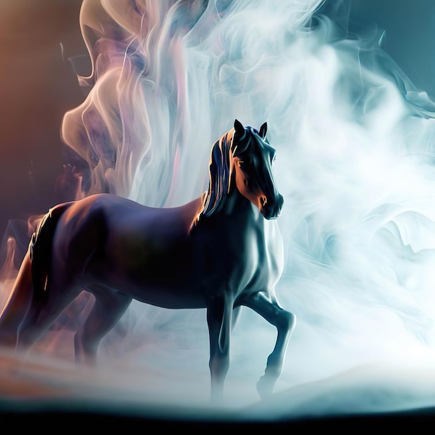 Koń stoi w zadymionym tle z niebieskim tłem.