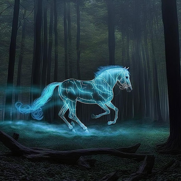 Koń w ciemnym lesie ze świecącym obrazem konia biegnącego przez las.