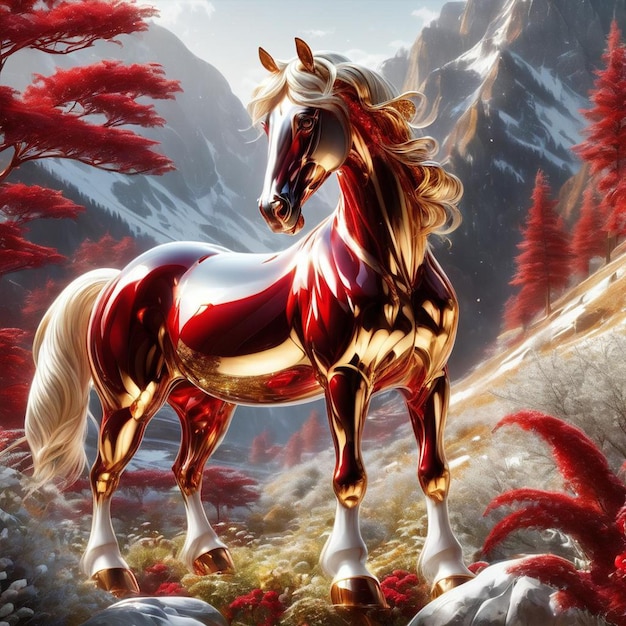 Koń wykonany ze złota i czerwonego metalu stojący na szczycie góry i czerwonych kwiatów wiśni