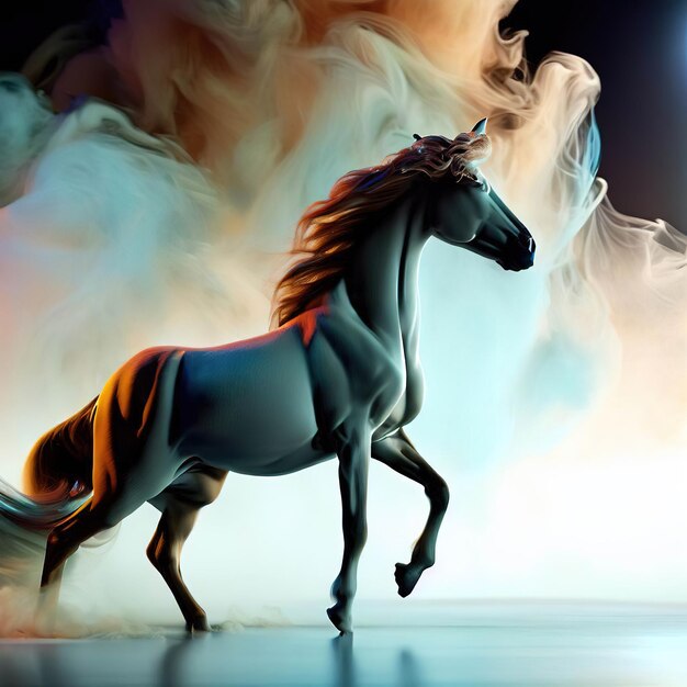 Koń z grzywą i ogonem stoi przed niebiesko-białym tłem.
