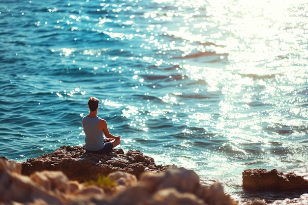 Koncentracja i indywidualne ćwiczenia medytacyjne rano na brzegu morza z blaskiem.