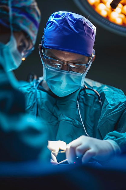 Zdjęcie koncentracja w sali operacyjnej chirurdzy pracujący pod oświetleniem chirurgicznym generatywna sztuczna inteligencja