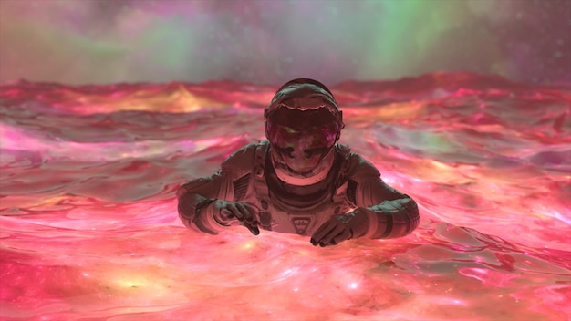 Koncepcja abstrakcyjna miejsca Astronauta pływa w wodzie czerwonej przestrzeni Neon Aurora Borealis Waves Flow