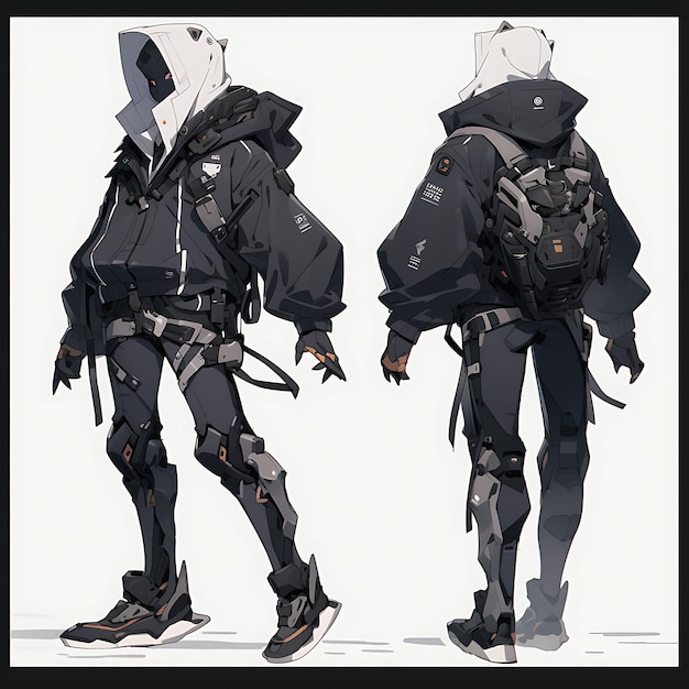 Koncepcja anime Wysoka niebinarna osoba z Mech Pilot Outfit High Tech Exos Turnaround Art Fashion