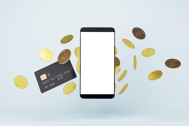 Koncepcja aplikacji bankowej z białym pustym nowoczesnym telefonem komórkowym z miejscem na logo lub tekst na abstrakcyjnym jasnym tle ze złotymi monetami i czarną kartą kredytową z chipem renderowania 3D makiety
