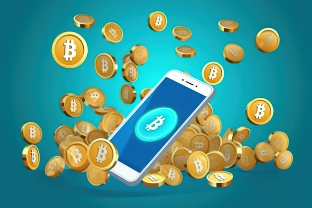 Koncepcja aplikacji telefonicznej do handlu kryptowalutami Bitcoin telefon komórkowy i lewitujące monety na niebiesko