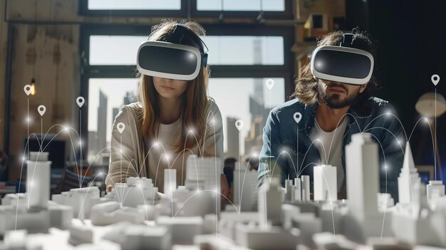 Koncepcja architektury i technologii przyszłości Para architektów nosząca okulary VR w biurze