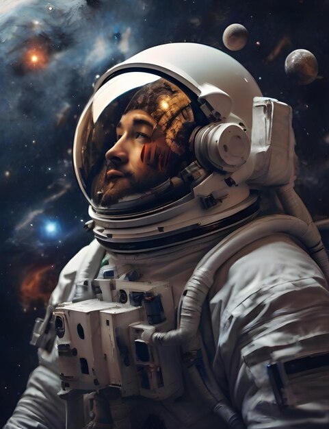 Zdjęcie koncepcja astronauty patrzącego w gwiazdy i planety układu słonecznego eksploracja kosmiczna scifi