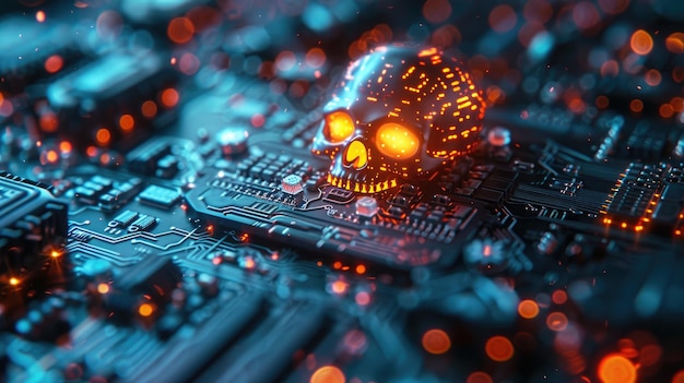Koncepcja ataku cybernetycznego z cyfrową czaszką i skrzyżowanymi kośćmi na ciemnym tle symbolem zagrożenia hakerów