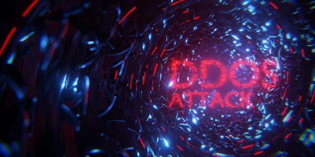 Koncepcja ataku DDOS na system komputerowy Wpis DDOS w tunelu technologicznym Wizualizacja 3D