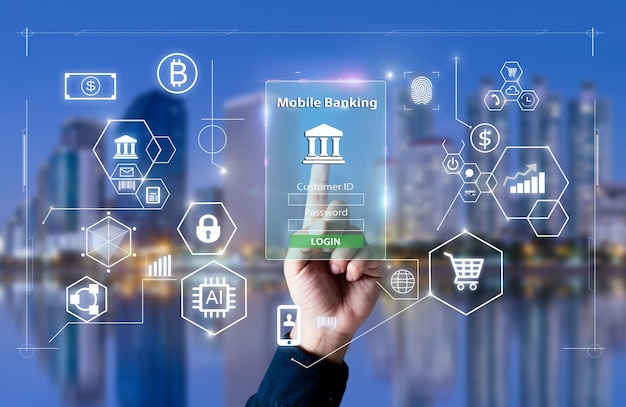 Koncepcja bankowości mobilnejRęce mężczyzny wskazujące na wizualną aplikację bankowości mobilnej