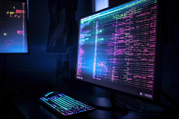 Koncepcja bezpieczeństwa cybernetycznego Monitor komputera z kodem binarnym na ciemnym tle Nowoczesny ekran komputera przedstawiający kolorowe kodowanie AI Generated
