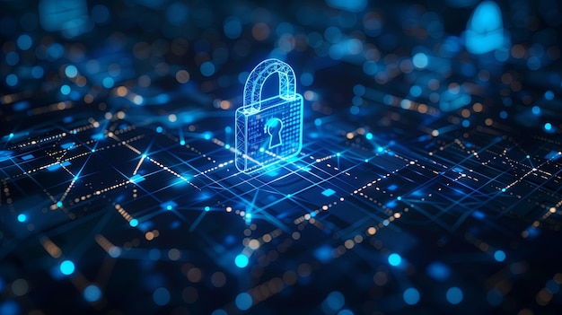 Koncepcja bezpieczeństwa cybernetycznego Niebieski symbol blokady punkt łączący sieć na niebieskim tle Globalne bezpieczeństwo danych połączenia
